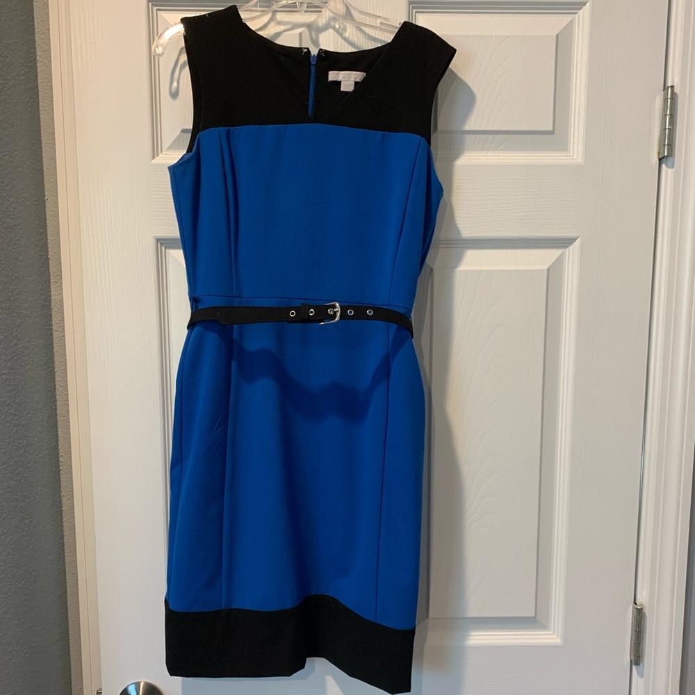 Blue and black pencil dress with belt